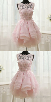 Pink Appliques Organza Tiered Short Homecoming Dress, Simple Homecoming Dresses